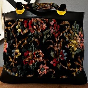 Vintage Mid Century Black Floral Needle Point Tote Bag